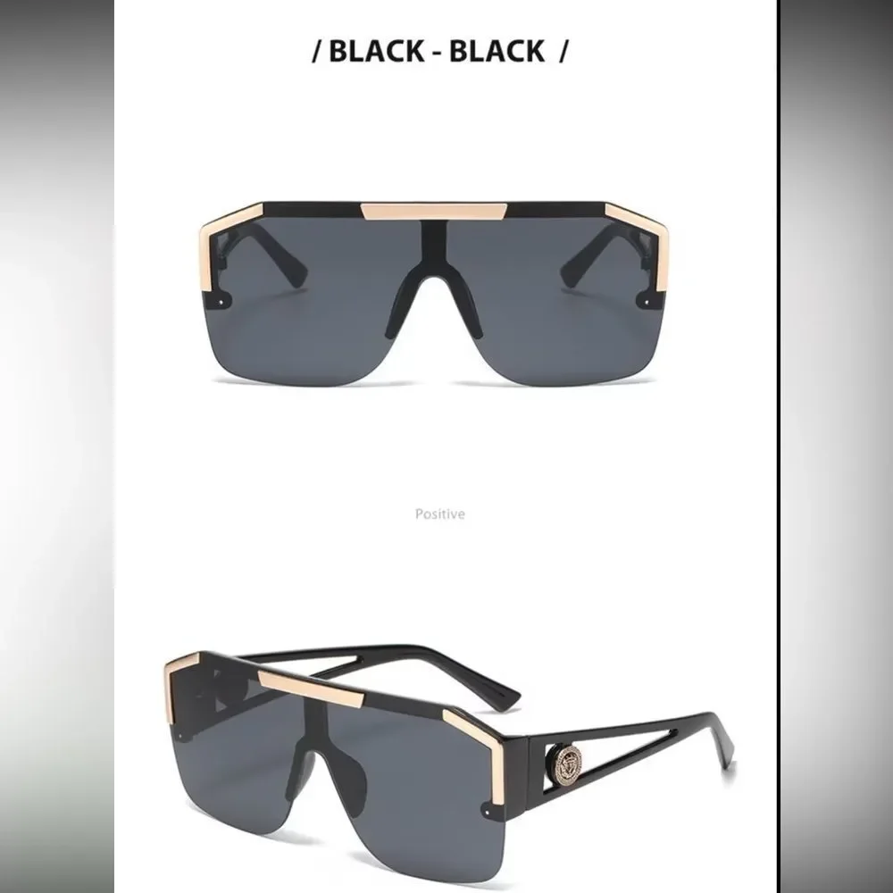 Oversized Black Shield Sunglasses with Gold Trim